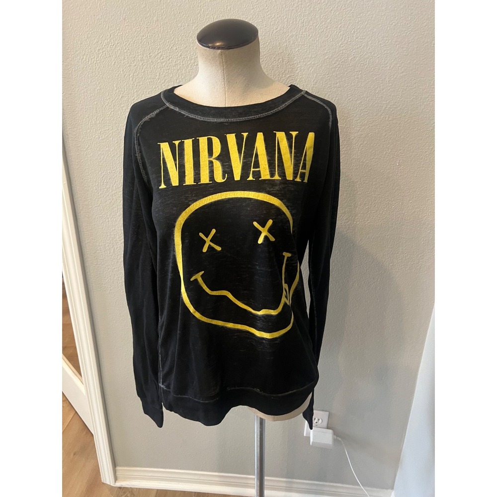 Nirvana Smiley Face Black Long Sleeve Graphic Sweatshirt Women's Approx M/L